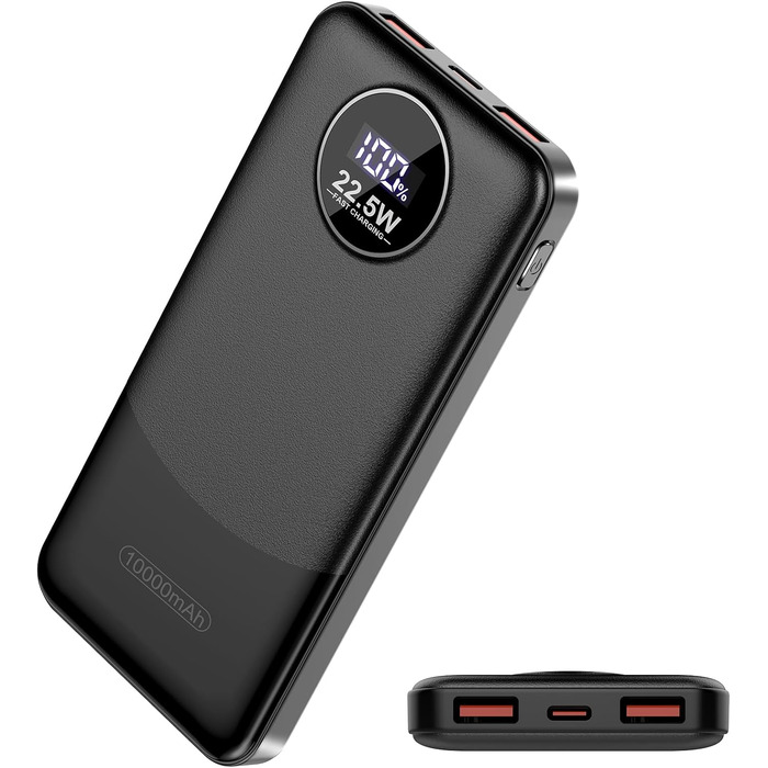 Порти, LED дисплей, для iOS/Android (чорний), 10000mAh, 22.5W PD QC 3.0, USB C, 3