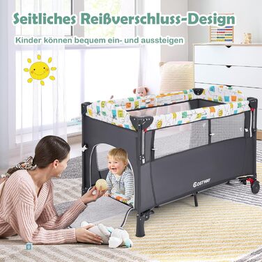 Дитяче ліжко-манеж COSTWAY 120x60 см з матрацом, пеленальним столиком, іграшками та музичною шкатулкою, сірий колір