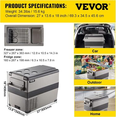 Автохолодильник VEVOR 35/45л нержавіюча сталь 12/24V, 220V: портативний компресорний кулер для авто, вантажівок, кемпінгу (-20°C до +20°C)