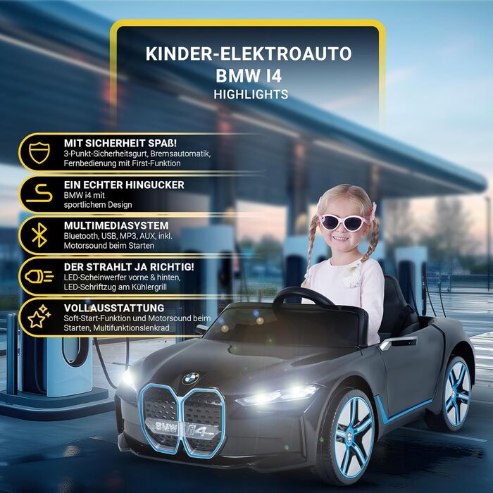 Дитячий електромобіль BMW i4 Actionbikes Motors, ліцензійний, з пультом 2,4 ГГц, електроавто для дітей від 3 років, іграшковий автомобіль (білий/чорний)