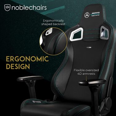Ігровий крісло Noblechairs Epic - Mercedes-AMG Petronas F1 Team Edition, преміум-модель з підголівником та поперековою підтримкою, чорний, для геймерів