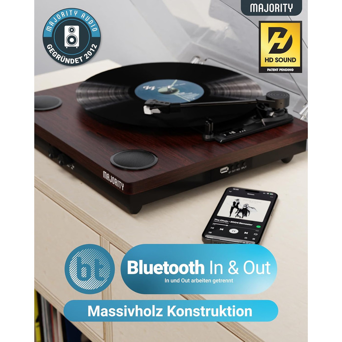 Вініловий програвач Majority Moto з Bluetooth, динаміком, USB-записом, касетою, адаптером 45 RPM та фетровим килимком