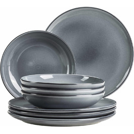 Серія Livio, набір тарілок на 4 особи з обідніми тарілками та суповими тарілками в сучасній скандинавській формі, столовий сервіз з 8 предметів, керамограніт, сірий
