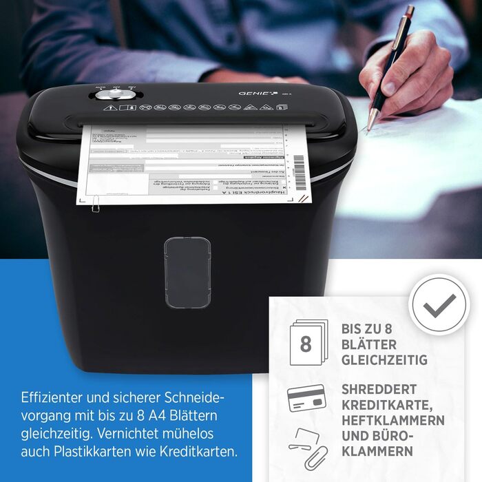 Шредер Genie 480X: знищувач документів, 8 листів, P-4, автоматичний, 12л, захист від перегріву