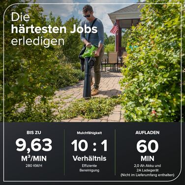 Акумуляторний листозбірник/лістовий повітродув Greenworks 40V GD40BVK2X з безщітковим двигуном, 370 км/год, 14.17 м³/хв, 45л мішок для збору листя, 3 роки гарантії, 5Ah акумулятор та універсальне зарядне пристрій + бонусний акумулятор 4Ah