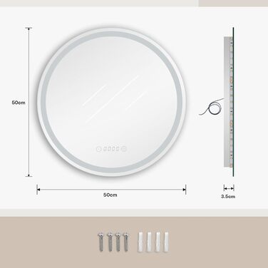 Дзеркало для ванної кімнати Dripex круглої форми з підсвічуванням LED, сенсорне керування, регулювання яскравості, 3 кольори світла, запобігання запотіванню, 50x50 см