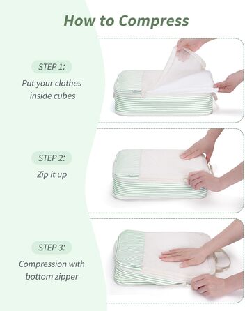 Набір органайзерів для валізи та рюкзака Narwey, 6 шт, компресійні органайзери для одягу та речей у подорож, світло-зелені смужки