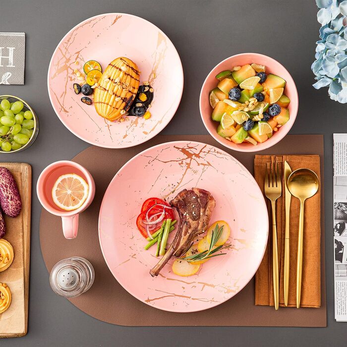 Порцеляновий сервіз, комбінований сервіз LOVECASA SWEET з 16 предметів, набір столового посуду із золотими бризками, для 4-12 осіб Рожевий сервіз з 16 предметів