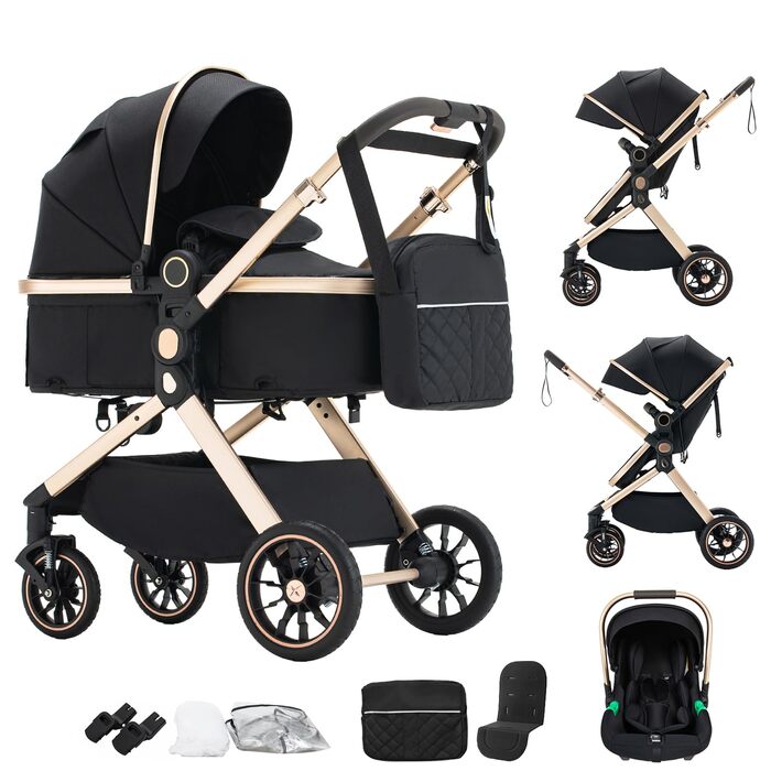 Дитячий візок 3 в 1 Kinderwagen U9-X Black: Люлька, прогулянковий блок, автокрісло, алюмінієва рама