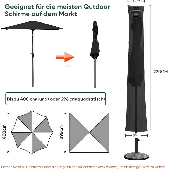 Захисний чохол для парасольки (220 x 30/50 см, чорний)