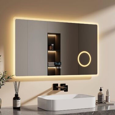 EMKE® LED дзеркало для ванної кімнати 80x60 см з підсвічуванням, регулюванням, антизапарюванням, 3 косметичні дзеркала, годинник, Bluetooth, IP44