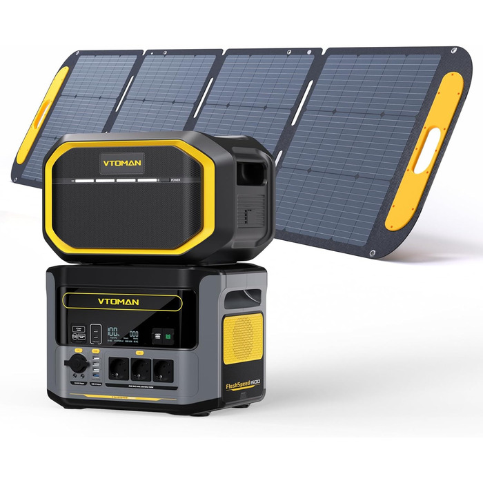Портативна електростанція VTOMAN 1548Wh з сонярним генератором, 3x 1500W (3000W пік), швидка зарядка 0-100% за 1 годину, LFP акумулятор для кемпінгу, відпочинку на природі, RV, надзвичайних ситуацій (FlashSpeed 1500+EB+200W Pro)