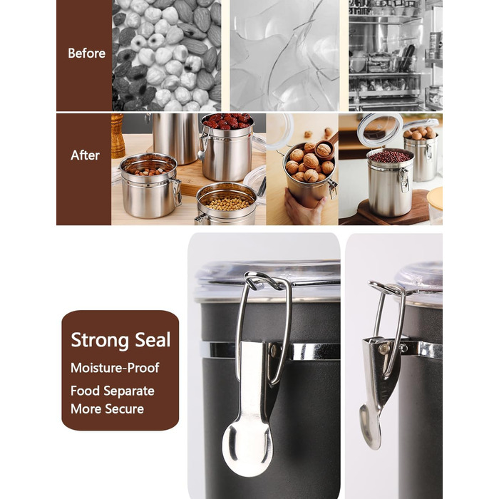 Герметична контейнер для кави та продуктів, набір 2 шт, 1.8L, нержавіюча сталь, чорний