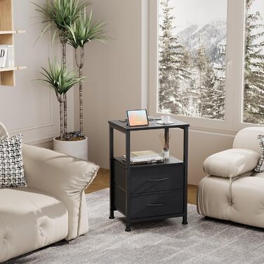 Нічний столик з LED-підсвічуванням та функцією зарядки, з ящиком, 3 розетки AC та USB-порти, для вітальні та спальні (40T x 30B x 60H cm, Чорний)