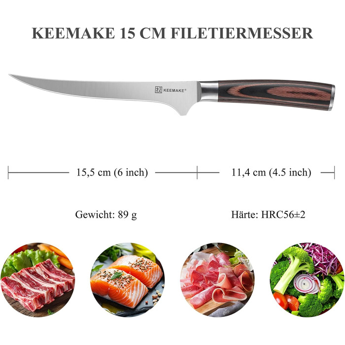 KEEMAKE Набір професійних кухонних ножів, ніж для філетування з високоякісної нержавіючої сталі, ергономічна ручка, 15 см