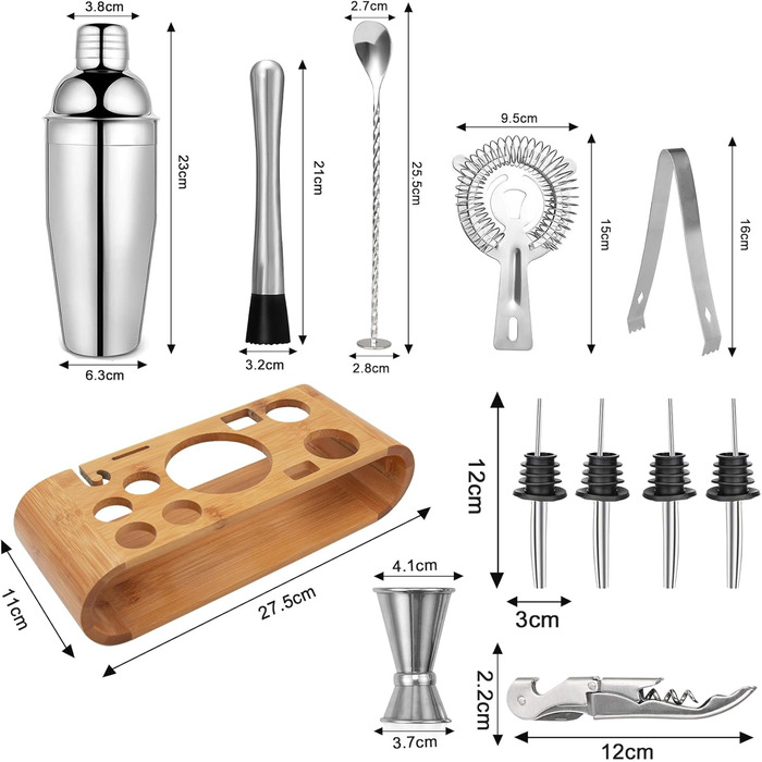 Набір для коктейлів, шейкер з нержавіючої сталі 750 мл, аксесуар для бару з 12 предметів, професійний набір для змішування для дому/бару