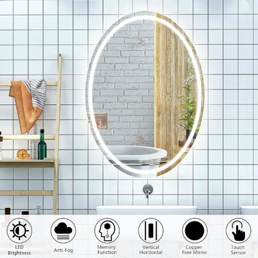 Дзеркало для ванної кімнати Badspiegel Oval з підсвічуванням 50 x 70 см, сенсорне управління, регулювання яскравості, 3 кольори світла, антизапарник, для ванної кімнати, 3000K-6400k