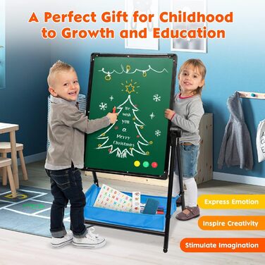 Дитяча мольберт Kinderstaffelei, двосторонній, складний, регульований по висоті, з місцем для зберігання, 360° обертання, мольберт та дошка для малювання з набором літер та цифр, для хлопчиків та дівчаток (Чорний)