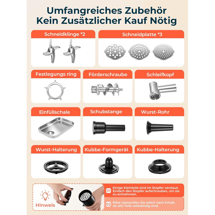 М'ясорубка електрична Fohere 2000 Вт з насадками для ковбас та кубів, 3 диски (3/5/7 мм), чорна