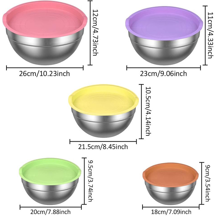 Набір місок для перемішування, 5 шт. з нержавіючої сталі, салатник з кришкою для кухні, приготування їжі, випічки, з 6 мірних ложок та вінчиком