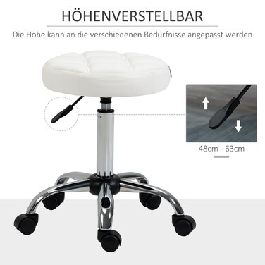 Vinsetto Rolling Stool Регульований по висоті поворотний робочий стілець для офісу та салону, штучна шкіра Білий Ø35,5 x 51-67 см