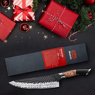 Японський ніж SHAN ZU Gyuto 20 см з 7 шарів вуглецевої сталі - професійний кухонний ніж для м'яса та овочів з акацієвим дерев'яним руків'ям