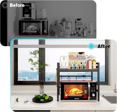 Регульована підставка для мікрохвильової печі, 2-рівнева розширювана, з вуглецевої сталі, з 8 гачками, чорна