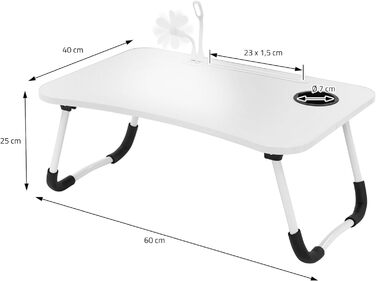 Столик для ноутбука ML-Design для ліжка/дивана, 60x40 см, розкладна тумбочка, стіл для ноутбука з 4 USB-портами для зарядки, висувна шухляда, USB-лампа, вентилятор, підставка для планшета, підстаканник, підставка для ноутбука Lapdesk (білий)