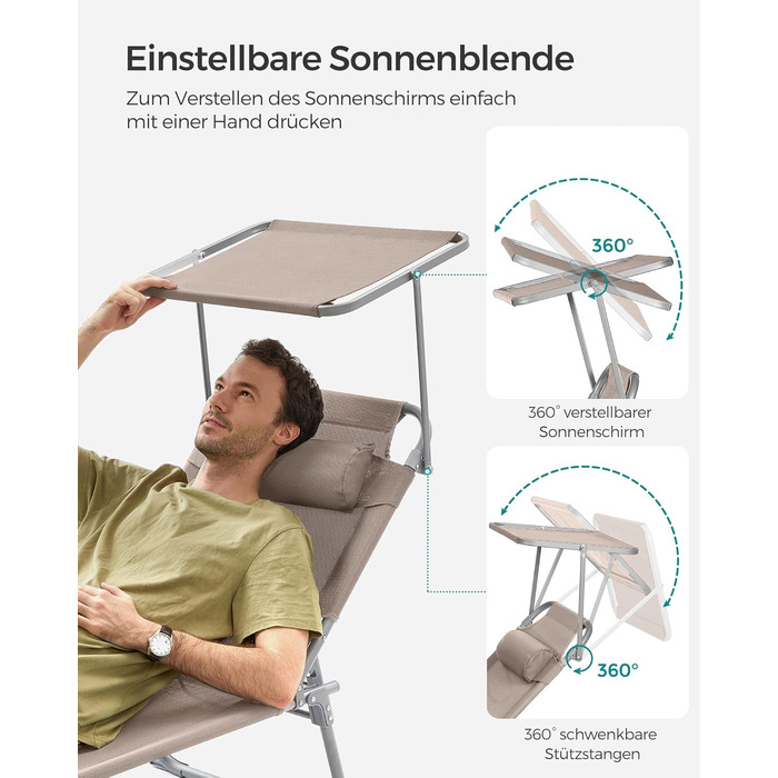 Лежак для відпочинку SONGMICS, розкладний, 193 x 53 x 29 см, до 150 кг, захист від сонця, подушка, регульована спинка, для саду, басейну, тераси (Taupe, без наматрацу)