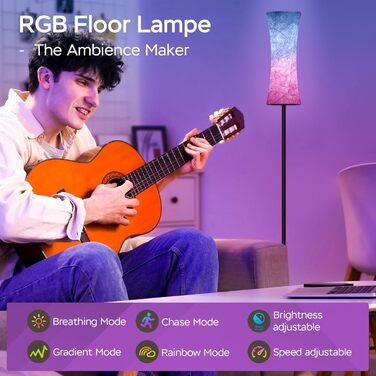 Підлоговий світильник Amdelne Dimmable RGB з пультом дистанційного керування/APP, синхронізацією музики, білим тканинним абажуром, (круглий)