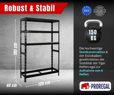 Стелаж для шин PROREGAL Tiger XL: 200x180x45 см, 300 кг на полицю, до 205/55 R16, чорний. Підходить для майстерні, складу, підвалу.