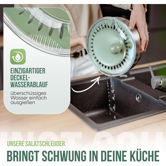 Салатниця-швидкоочисник з нержавіючої сталі з ручним приводом, 4.5л [2-в-1, випуск води, придатна для миття в посудомийній машині, неслизька]