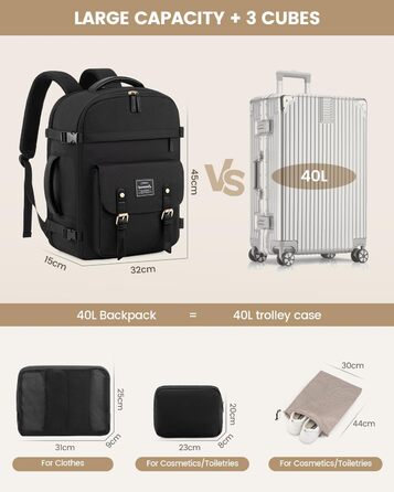 LOVEVOOK Рюкзак для ручної поклажі, жіночий рюкзак для подорожей, водонепроникний рюкзак для ноутбука 17 дюймів, шкільний рюкзак для жінок/студенток, чорний/коричневий (45x32x15 см)