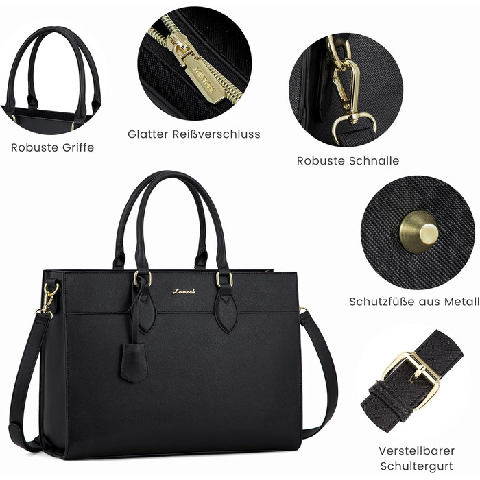 Сумка для ноутбука LOVEVOOK 15.6 дюймів, велика робоча сумка, шопер, акцентна сумка, водонепроникна сумка з PU шкіри, для бізнесу, роботи, навчання, чорна