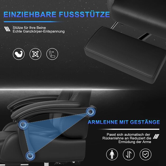 Ігровий крісло JUMMICO з масажем, ергономічний офісний крісло з підголовником для попереку, регульована спинка 90-135°, підставка для ніг, чорний, до 150 кг