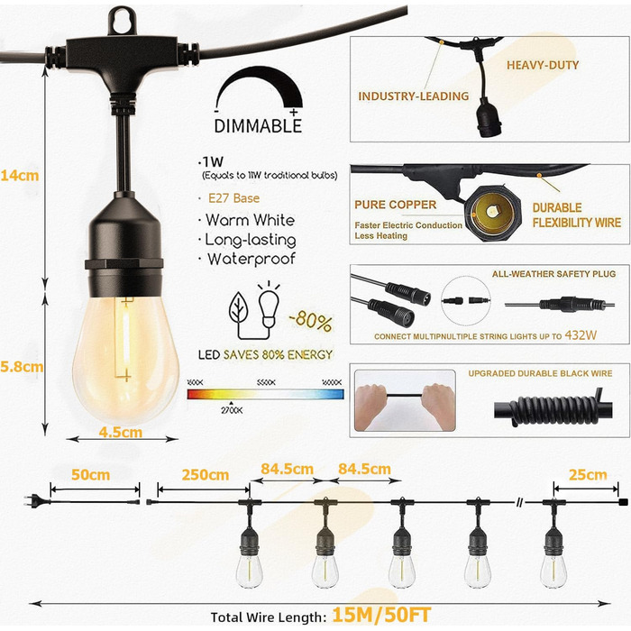 LED гірлянда 15м для дому та саду з цоколем E27, IP65, 2700K, тепле світло