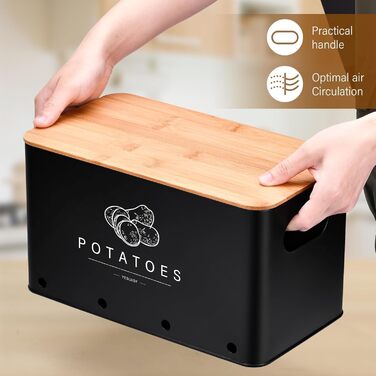 Набір контейнерів для зберігання картоплі, цибулі та часнику (3 шт.), бамбуковий кришка, чорний колір