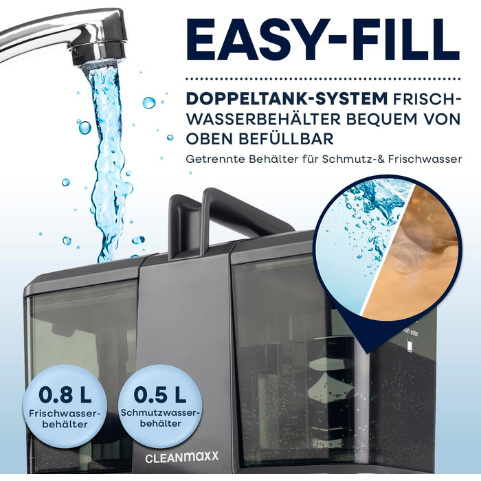 CLEANmaxx Професійний пароочисник та чисник для килимів та м'яких меблів | Пароочисник для плям | EASYmaxx засіб для чищення килимів | Для диванів, авто, килимів, м'яких меблів | Чорний, компактний, 330W