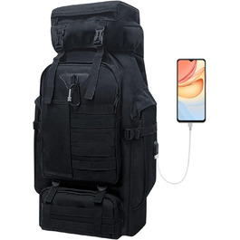 Туристичний рюкзак Lizbin, кемпінговий туристичний рюкзак 80 л, військовий тактичний рюкзак Molle, великий туристичний рюкзак з USB-портом для зарядки, водонепроникний спортивний рюкзак на відкритому повітрі (чорний)