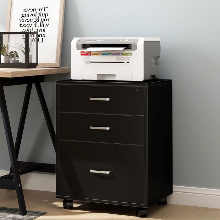 Шафа для документів SDHYL з 3 висувними ящиками на колесах, верхній ящик з замком, чорна, для дому та офісу