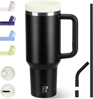 Термокружка-пляшка 1200 мл з трубочкою та антиковзним ручками, BPA Free, подвійні стінки, ізоляція для авто, офісу, відпочинку (Пастельно-рожевий, Біло-рожевий, Чорний)