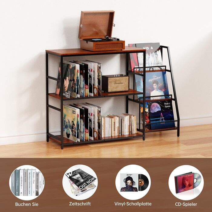 Стіл для програвача YCJY з полицями для платівок, вінтажний, місткість до 400 альбомів