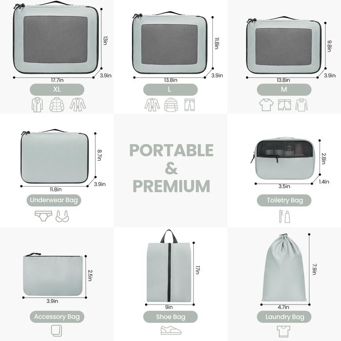 Набір органайзерів для валізи Packing Cubes, 10 шт, легкі дорожні сумки для одягу та аксесуарів (М'ятний)
