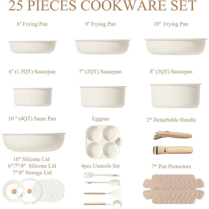 Набір посуду CAROTE 19 предметів: каструлі та сковорідки з антипригарним покриттям, знімні ручки, для індукційних плит, духовка, білий/кремовий