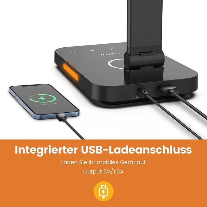 Настільна лампа, світлодіодна настільна лампа LASTAR з бездротовою зарядкою, USB-порт для зарядки, функція пам'яті, сенсорне управління, 5 колірних режимів, захист очей, 5 рівнів яскравості, настільна лампа (в комплекті. Сучасний мережевий адаптер
