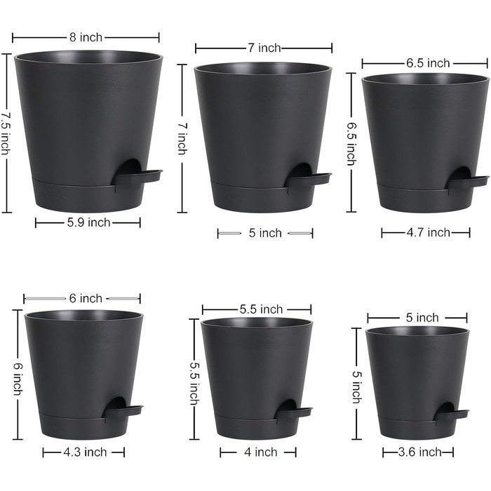 Набір горщиків для квітів 6 шт. з автополивом, чорний. Підходить для дому та балкона. Розміри: 20.3-12.7 см.