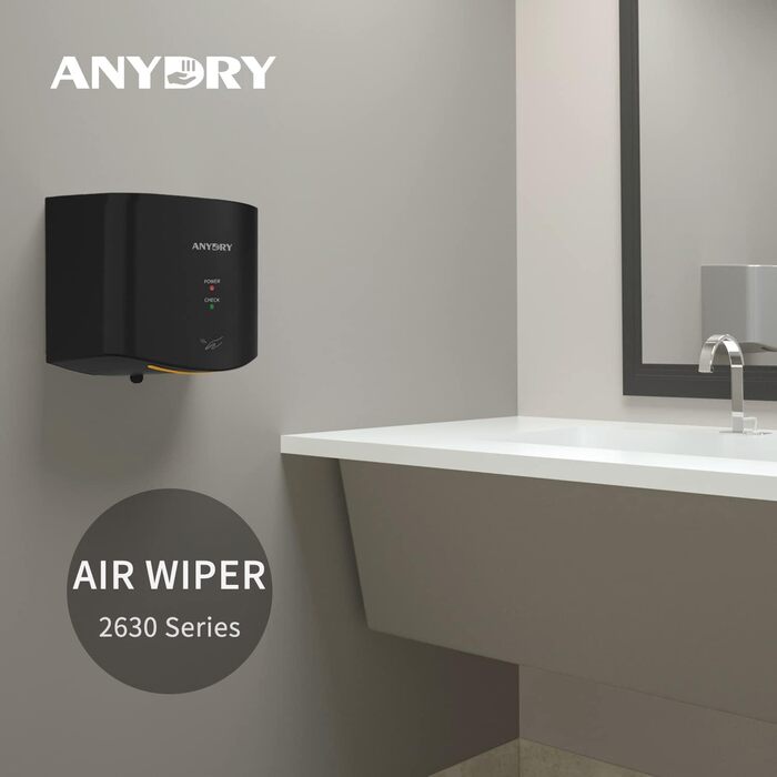 Anydry 2630S - Компактний електричний сушар для рук, автоматичний, настінний, для дому та бізнесу, чорний