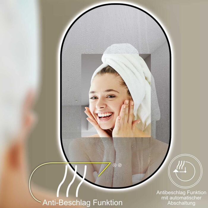Дзеркало LED HOKO Design ANTIBESCHLAG овальне 45x75 см Bologna+ Metall Rahmen Schwarz. LED підсвічування, сенсорна кнопка, регулювання кольору світла (тепле біле, холодне біле, нейтральне), антизапарник, монтаж HOCH+QUER, 75L x 45B см