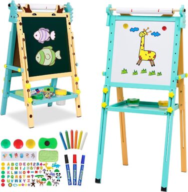 Дитяча мольберт Kinder-Kunst з підставкою для рулонів паперу, двосторонній, регульована висота 81–110 см, дошка для маркерів та крейди, мольберт-підставка з цифрами та аксесуарами, набір для малювання для малюків