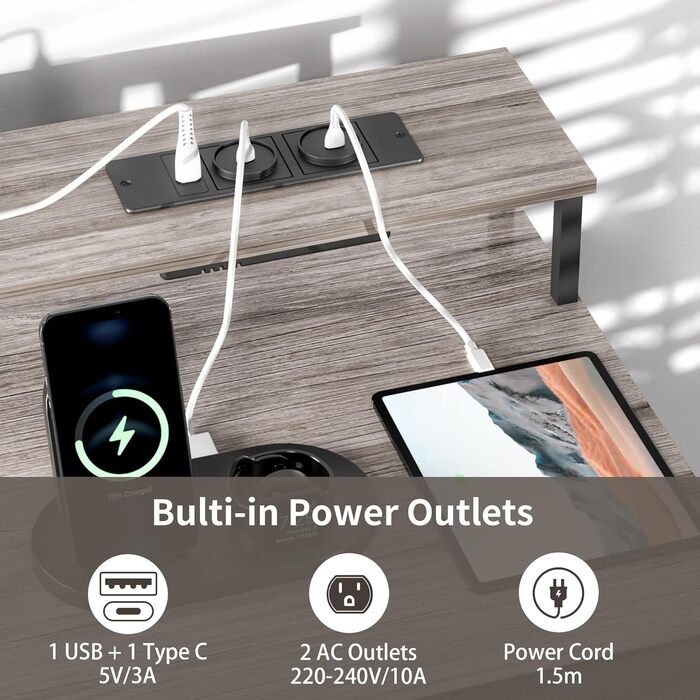 Ігровий стіл BEXEVUE з розетками та LED-підсвіткою 120x50 см. Сучасний комп'ютерний стіл з підставкою для клавіатури, 4 висувними ящиками та великою полицею для навчання, ігор та роботи. Колір: Pure Gray